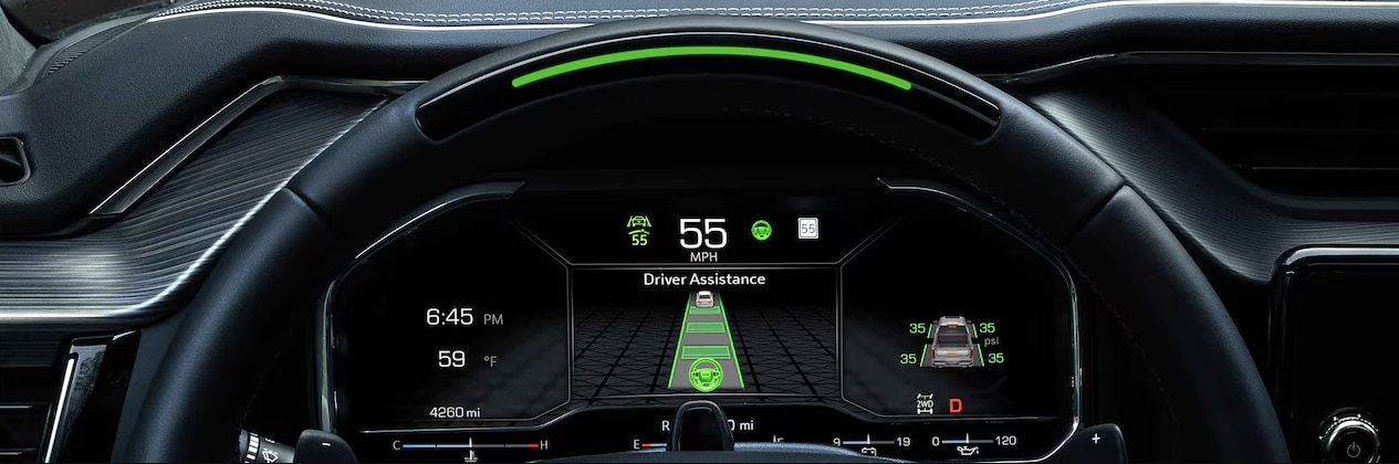 Up-close view of a GMC dashboard using driver assistance technology Up-close view of a GMC dashboard using driver assistance technology
