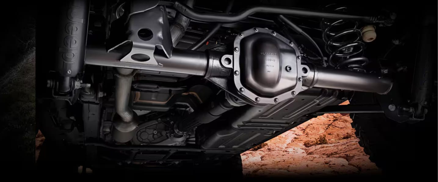 Up-close view of a Jeep's 4x4 drivetrain system