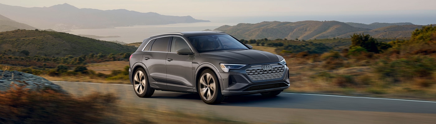 Audi Q8 e-tron driving on a road by a lake