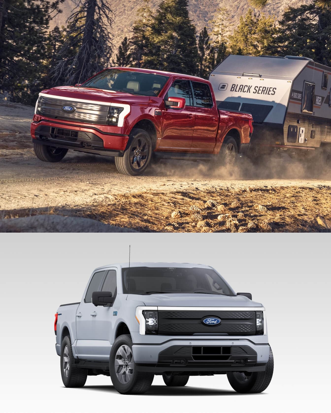 Red Ford F-150 Lightning towing trailer and white F-150 Lightning