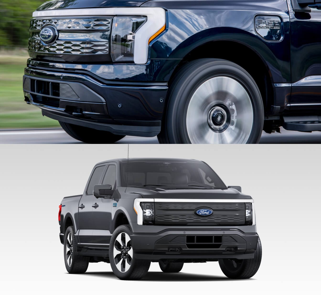 Ford F-150 Lightning electric pickup truck showing front grille detail and full vehicle exterior