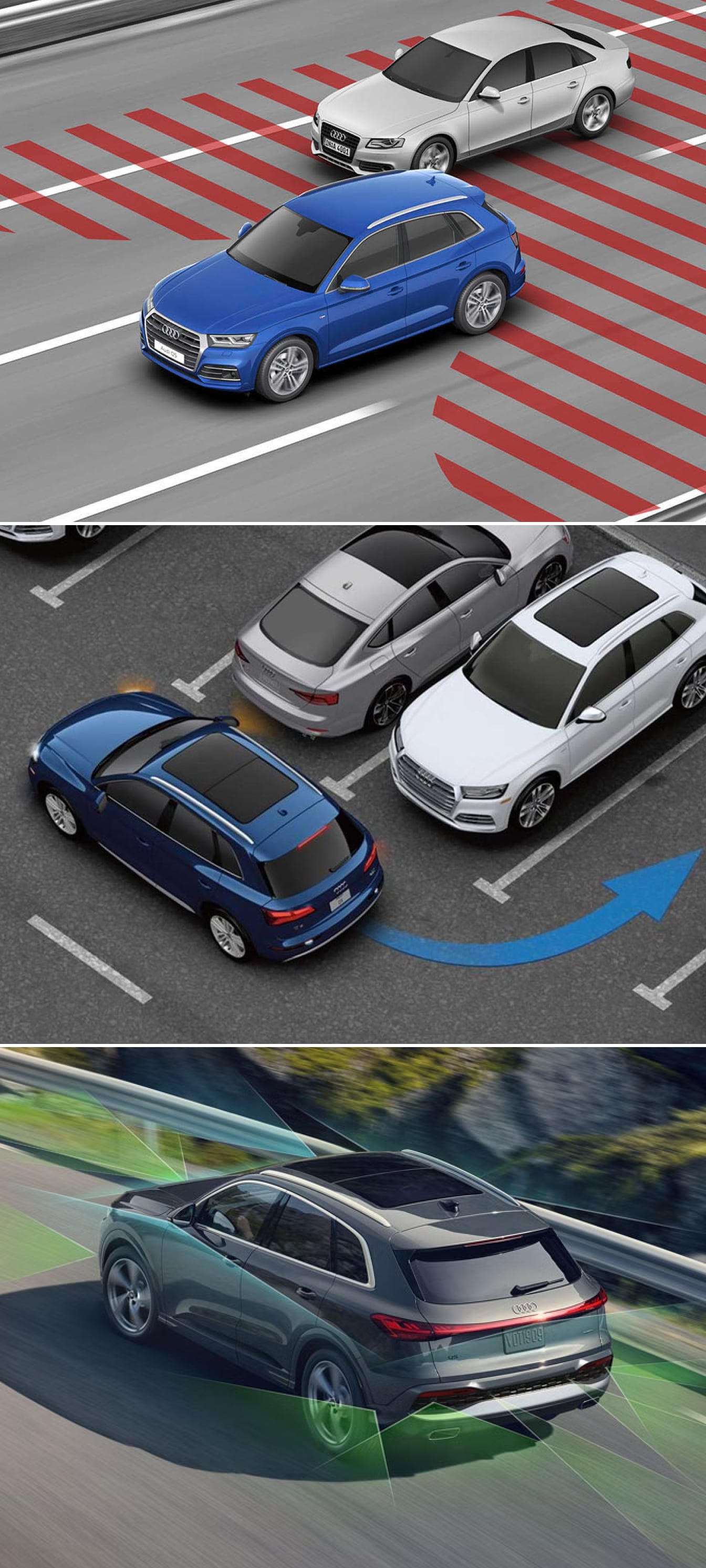 Audi SUV using advanced driver-assistance features including blind spot monitoring, parking assist, and lane-keeping technology