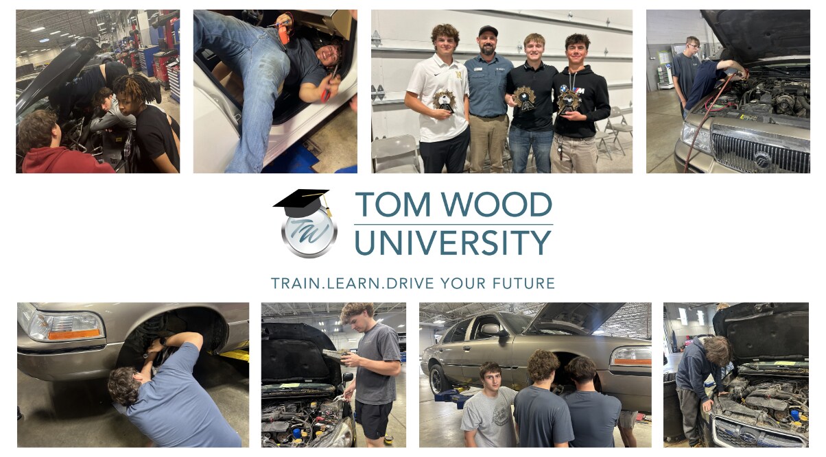 Collage of Tom Wood University students working hands-on with vehicles
