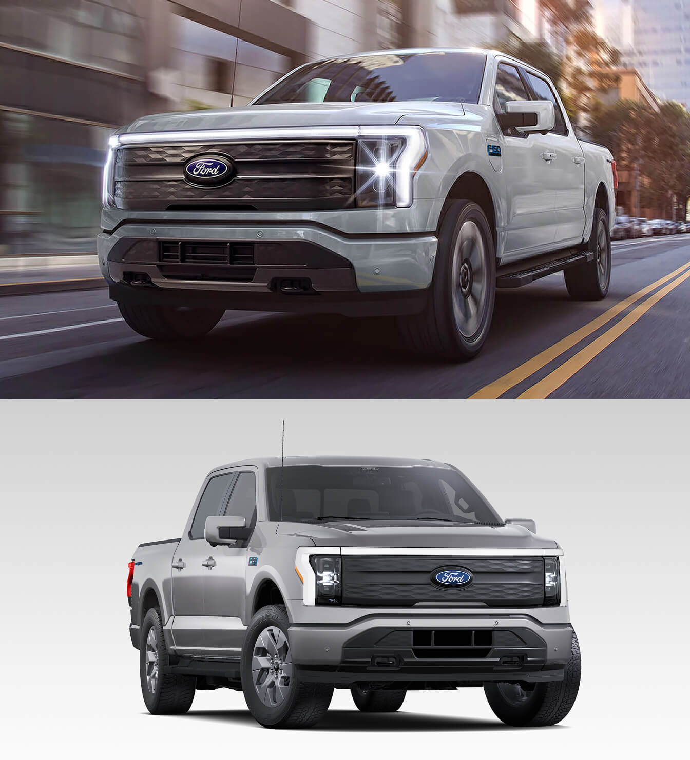 White and silver Ford F-150 Lightning electric pickup trucks