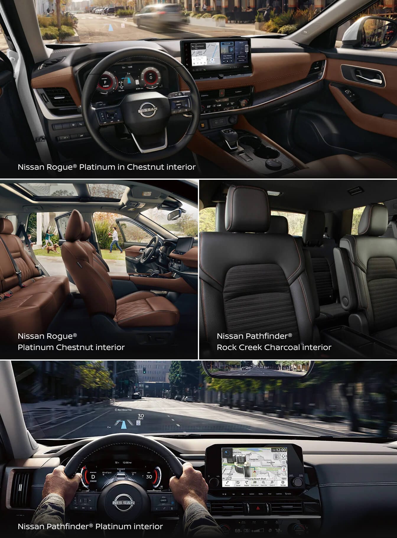 Nissan Rogue Platinum and Pathfinder Rock Creek interior features with chestnut and charcoal upholstery