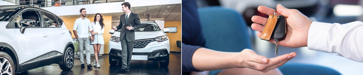 Ford F-250 and Toyota Highlander in front of an image of keys being handed over to a customer