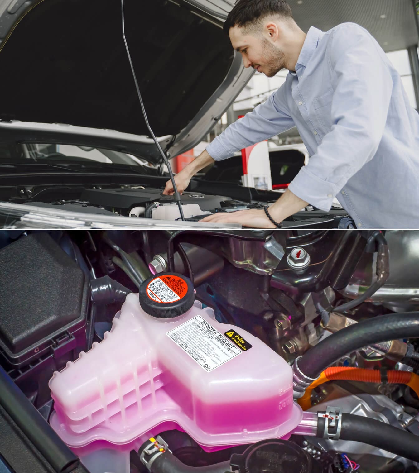 Top: Owner checks coolant reservoir under the hood. Bottom: close-up of pink coolant reservoir and engine components.