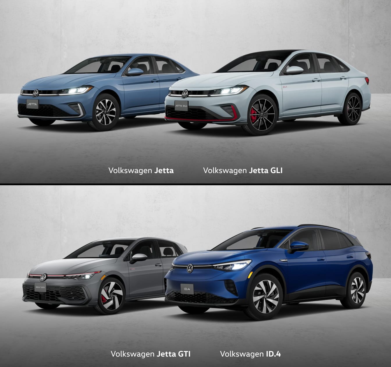 Volkswagen model lineup featuring a blue Jetta, white Jetta GLI, gray Golf GTI, and blue ID.4 shown in front three-quarter view.