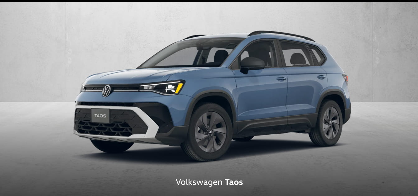 Blue Volkswagen Taos shown in a front three-quarter view against a neutral background.