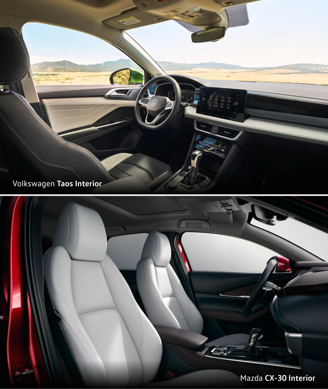 Split view of a VW Taos black interior cabin and a Mazda CX-30 white leather interior.
