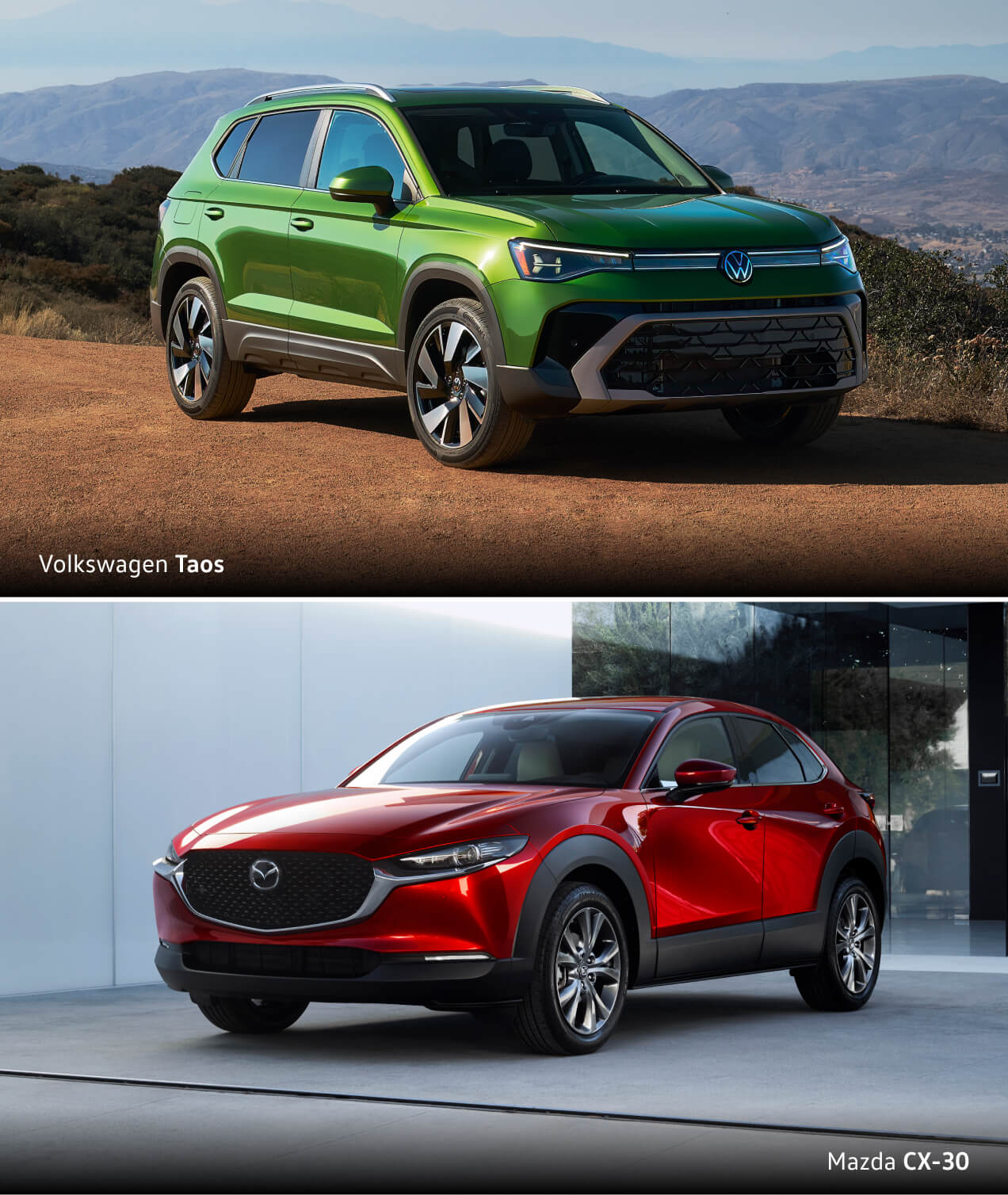 Split view of a green VW Taos on a dirt hill and a red Mazda CX-30 outside a white building.