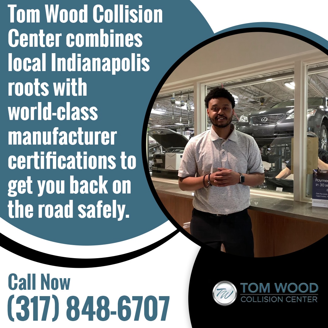 Team member at Tom Wood Collision Center in Indianapolis highlighting certified auto body repair and manufacturer-approved collision restoration services