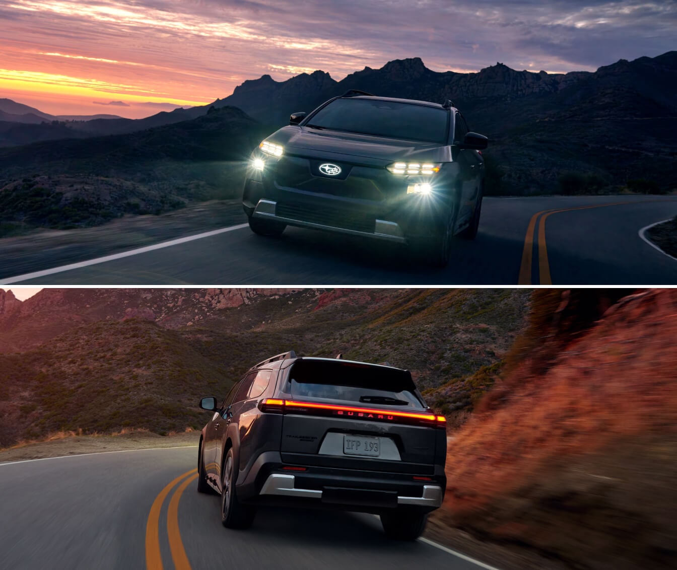 Split view of a grey Subaru Trailseeker on a winding mountain road at sunset, showcasing the front and rear lights.