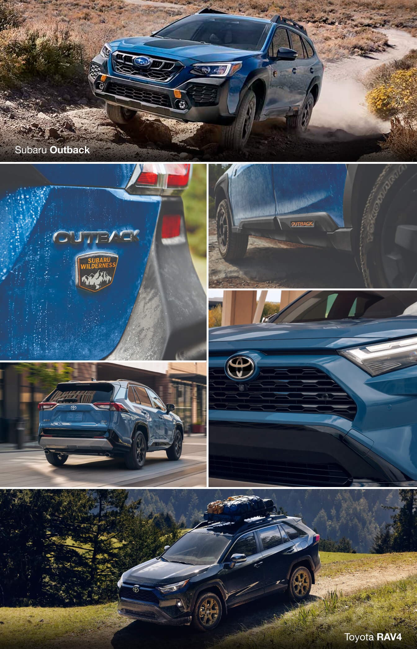 Blue Subaru Outback and Toyota RAV4 SUVs highlighting off-road and urban versatility