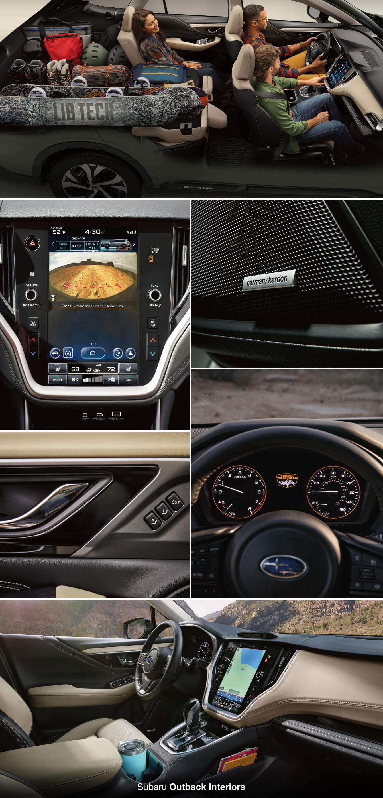 Subaru outback interior features including dashboard, touchscreen display, steering wheel, seating and cargo space