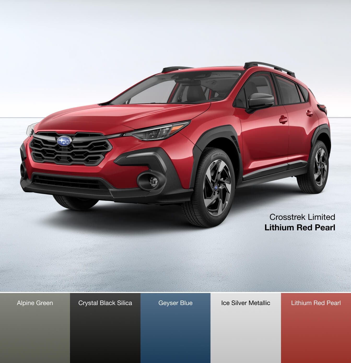 Subaru Crosstrek Exterior Colors: Alpine Green, Crystal Black Silica, Geyser Blue, Ice Silver Metallic, Lithium Red Pearl