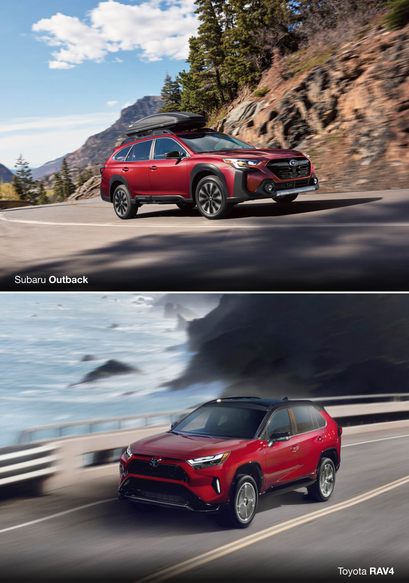 Red Subaru Outback and Toyota RAV4 driving on scenic mountain and coastal roads
