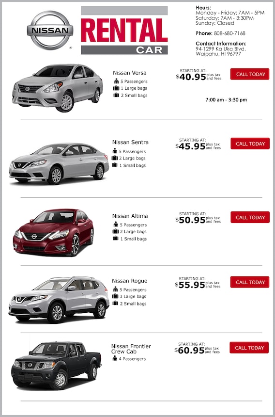 Honolulu Nissan Rental Service Rent A Nissan Tony Nissan In Waipahu