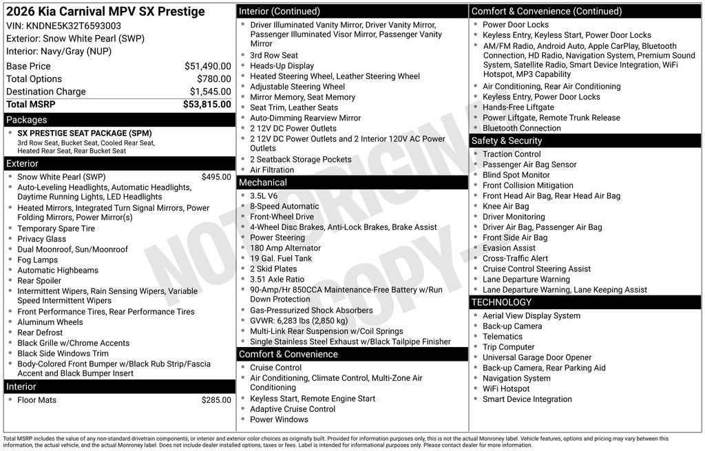 New 2026 Kia Carnival SX Van Passenger Van