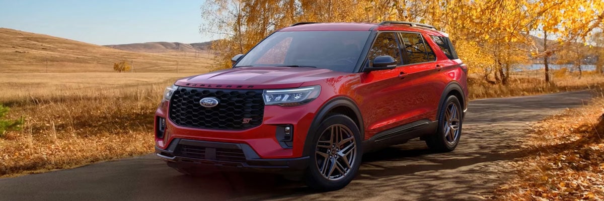 Red 2026 Ford Explorer Parked on a Fall Day