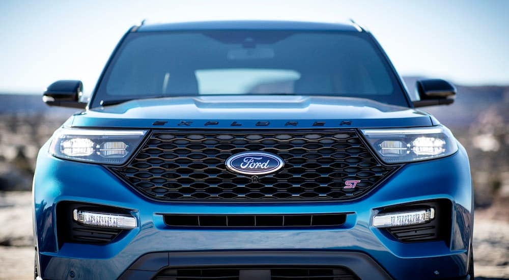 A blue 2019 Ford Explorer ST is shown from the front after leaving a ford dealer near you.