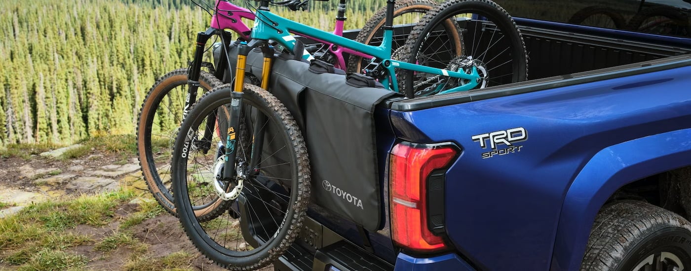 Mountain bikes in the bed of a blue 2024 Toyota Tacoma for sale.