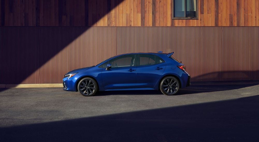 A blue 2024 Toyota Corolla is shown from the side after leaving a Toyota dealer in Hopkinsville.