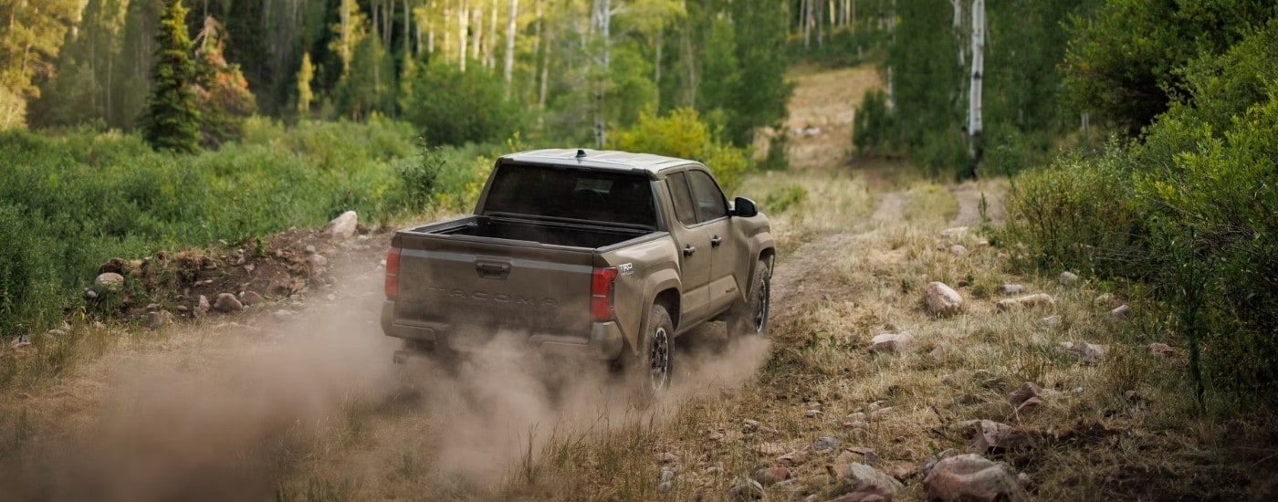 A brown 2025 Toyota Tacoma is shown from the rear at an angle.