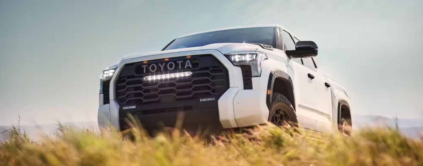 Front of a white 2025 Toyota Tundra for sale near Madisonville driving in a field