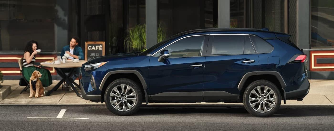 A blue 2024 Toyota RAV4 parked near a cafe.