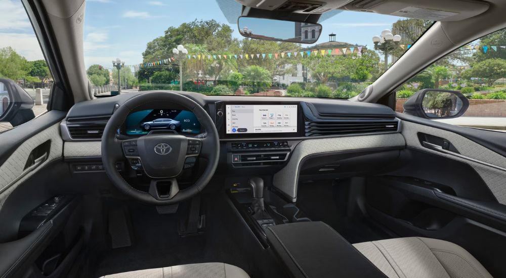 Tan upholstery in the cabin of a 2025 Toyota Camry for sale.