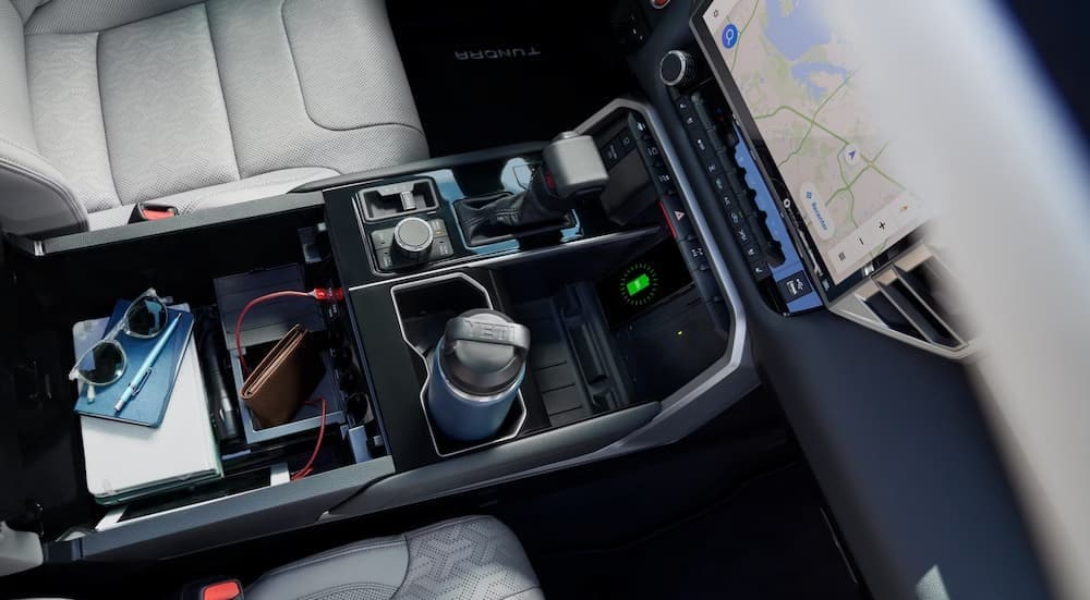 Close-up of the center console in a 2025 Toyota Tundra.