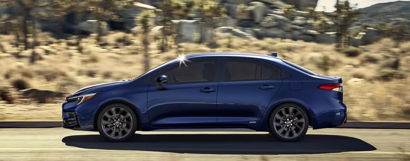 Side profile of a blue 2025 Toyota Corolla