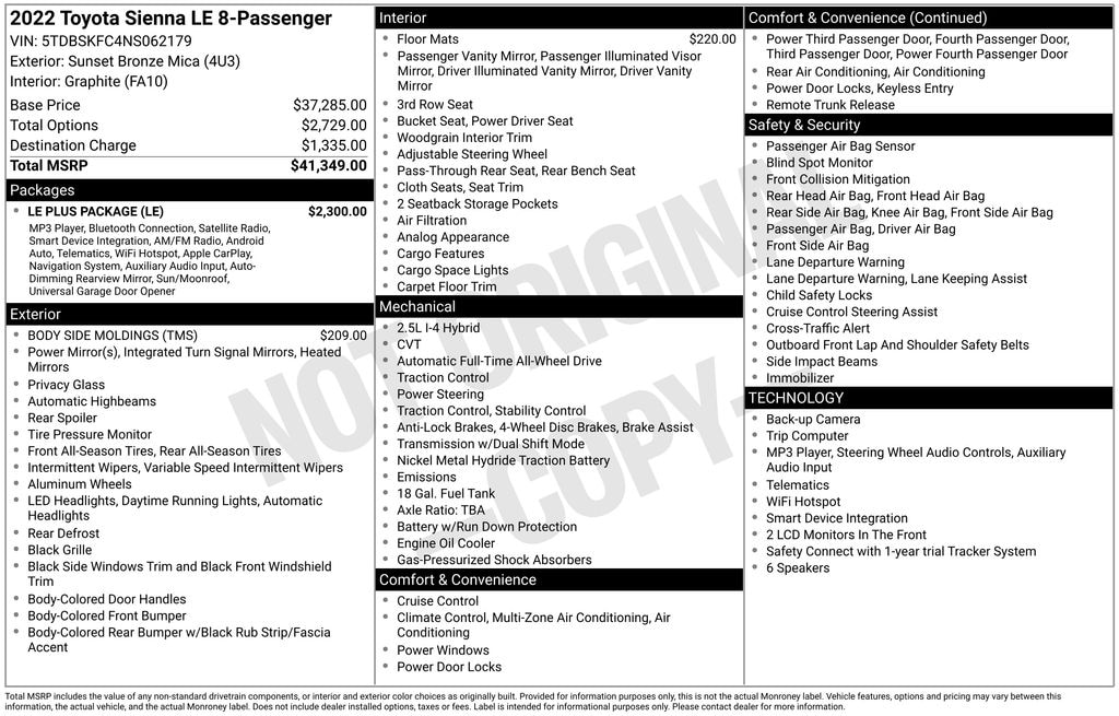 Used 2022 Toyota Sienna LE 8 Passenger Van Passenger Van