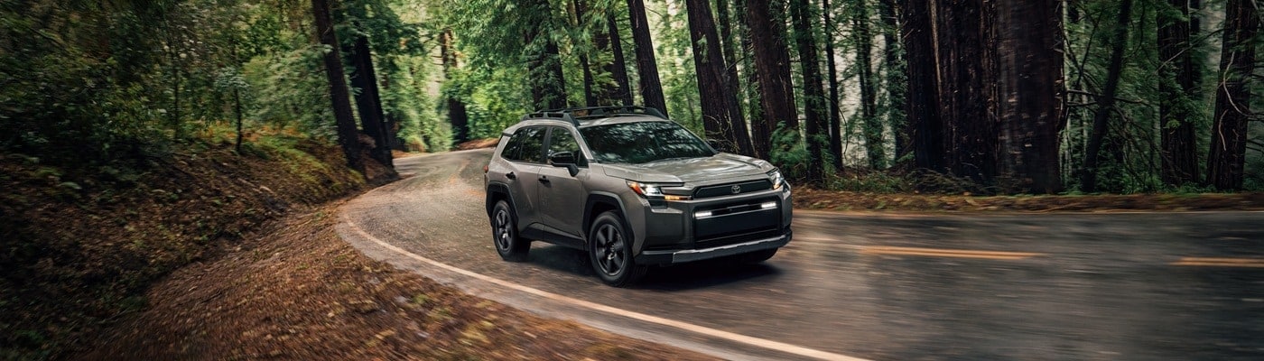 Tan Toyota RAV4 Woodland driving on a road in the woods