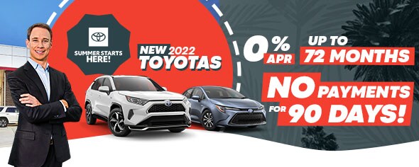 New 2022 Toyotas 0.9% APR up to 72 months 90 Days No Payments