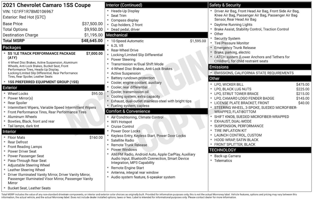 Used 2021 Chevrolet Camaro 1SS Performance