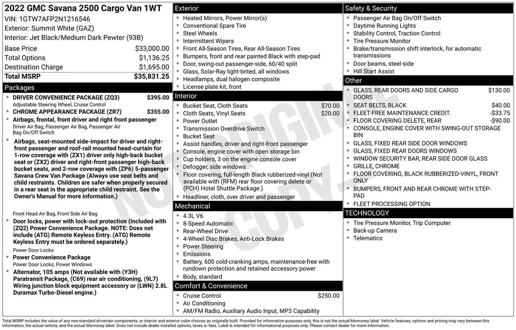 Used 2022 GMC Savana Cargo 2500 Work Van Van