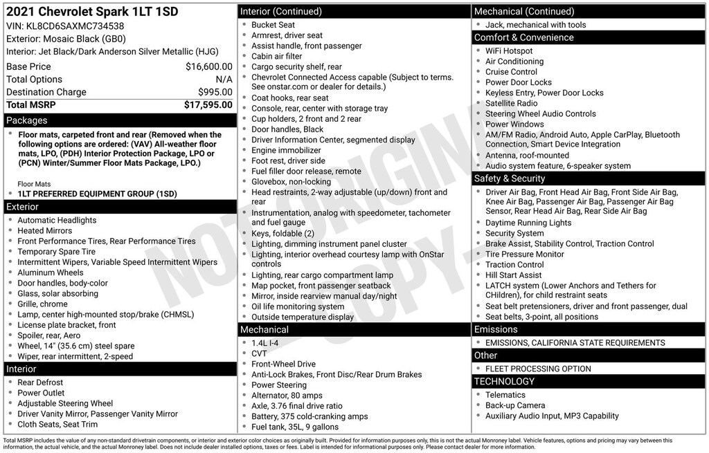 Used 2021 Chevrolet Spark 1LT Automatic Car