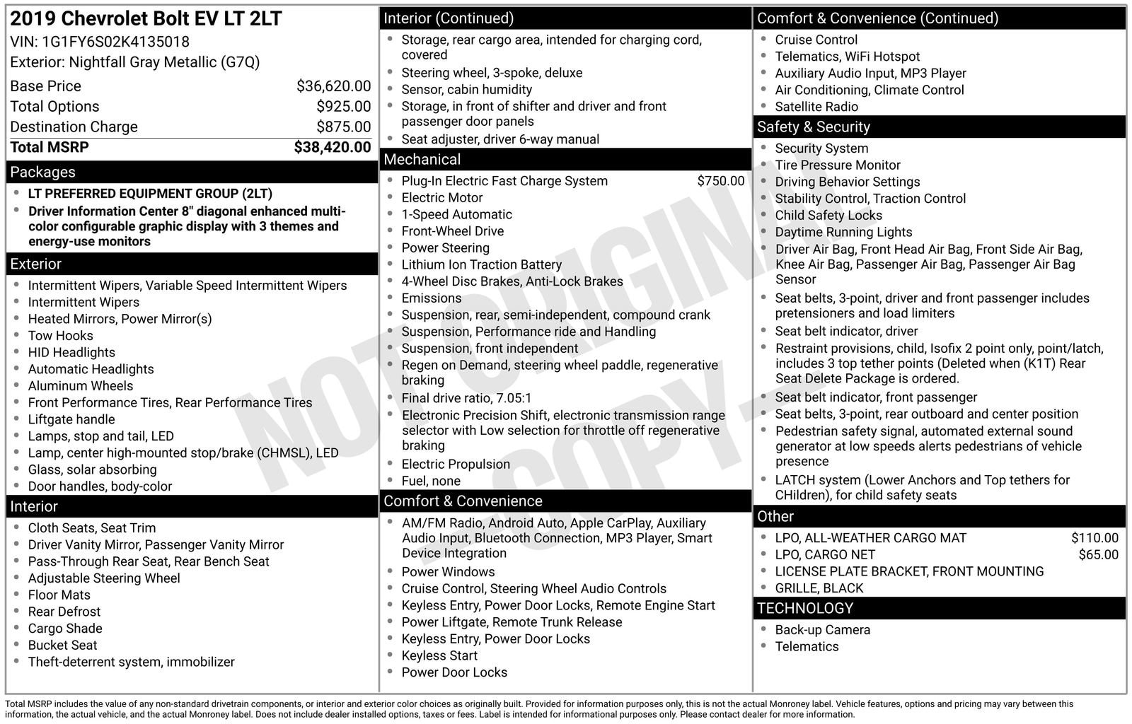 Used 2019 Chevrolet Bolt EV LT with VIN 1G1FY6S02K4135018 for sale in Tracy, CA