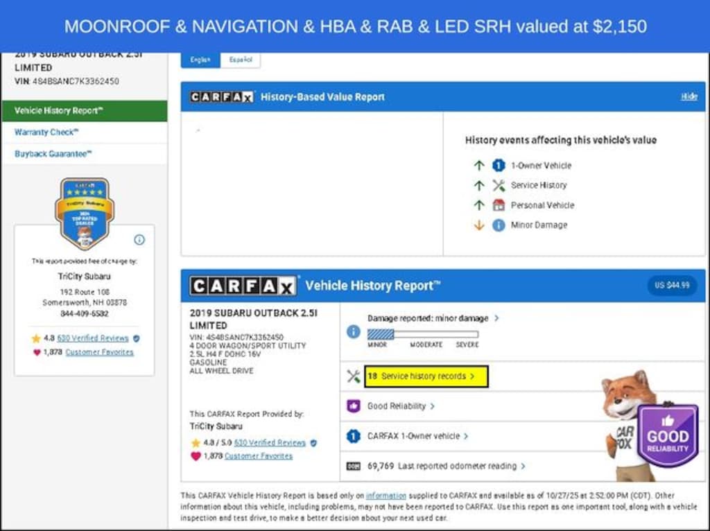 Used 2019 Subaru Outback 2.5i Limited SUV