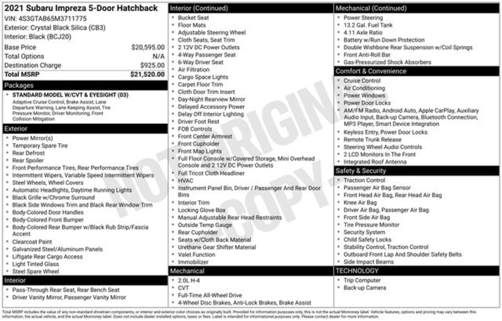 Used 2021 Subaru Impreza Base Hatchback