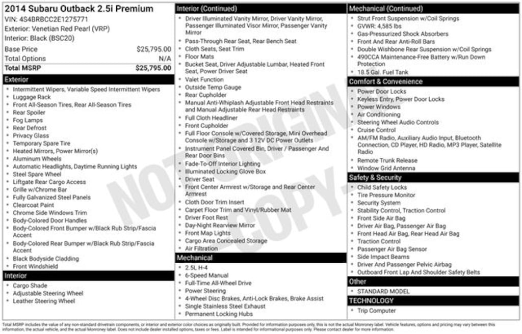 Used 2014 Subaru Outback 2.5i Premium (M6) SUV