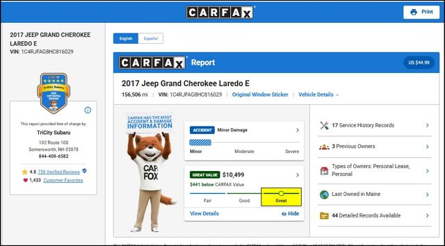 Used 2017 Jeep Grand Cherokee Laredo E with VIN 1C4RJFAG8HC816029 for sale in Somersworth, NH