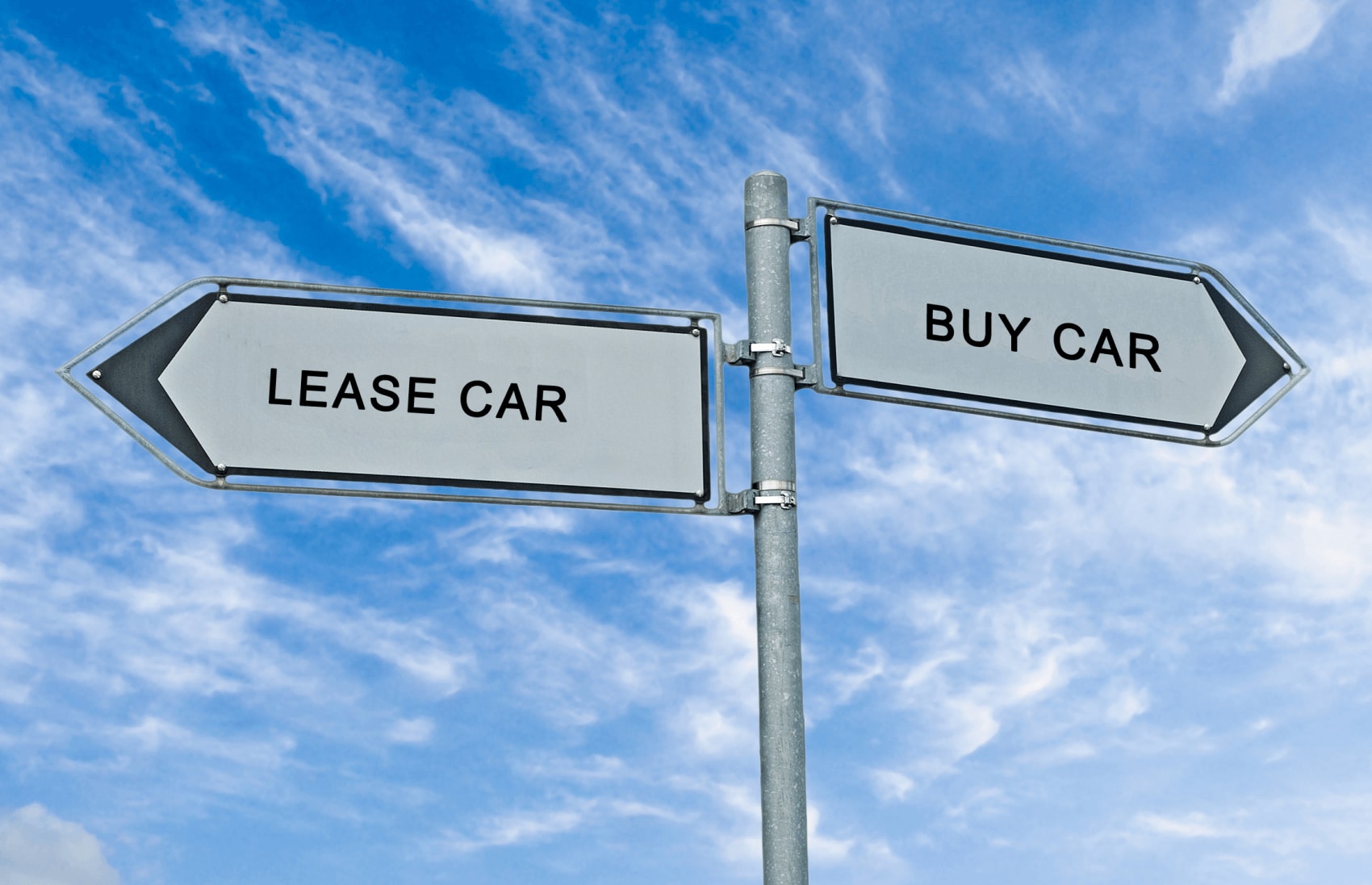 two street signs labled lease car and buy car