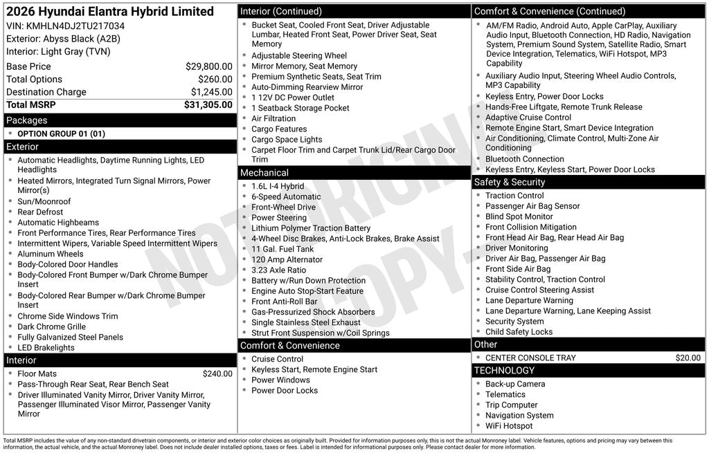 New 2026 Hyundai Elantra Hybrid Limited Sedan