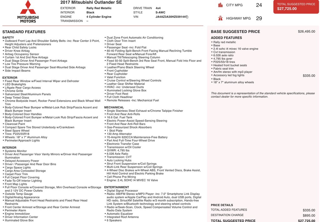 Used 2017 Mitsubishi Outlander SE SE S-AWC