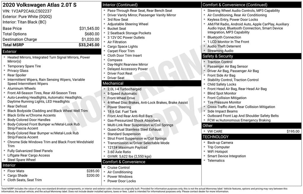 Used 2020 Volkswagen Atlas 2.0T S SUV