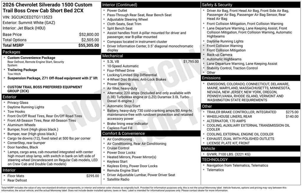 New 2026 Chevrolet Silverado 1500 Custom Trail Boss Truck