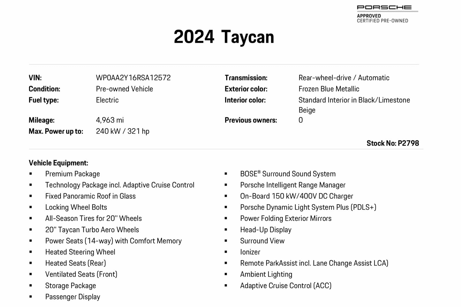 Certified 2024 Porsche Taycan Base with VIN WP0AA2Y16RSA12572 for sale in Wallingford, CT